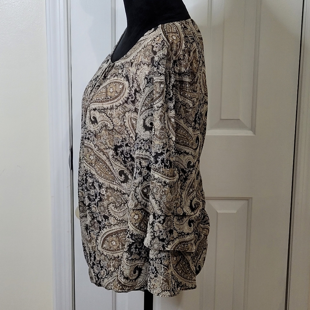 Dress Barn Womens Elegant Sheer Lined 3/4 Ruffle Sleeves Blouse Top Tan Size XL - Picture 2 of 11